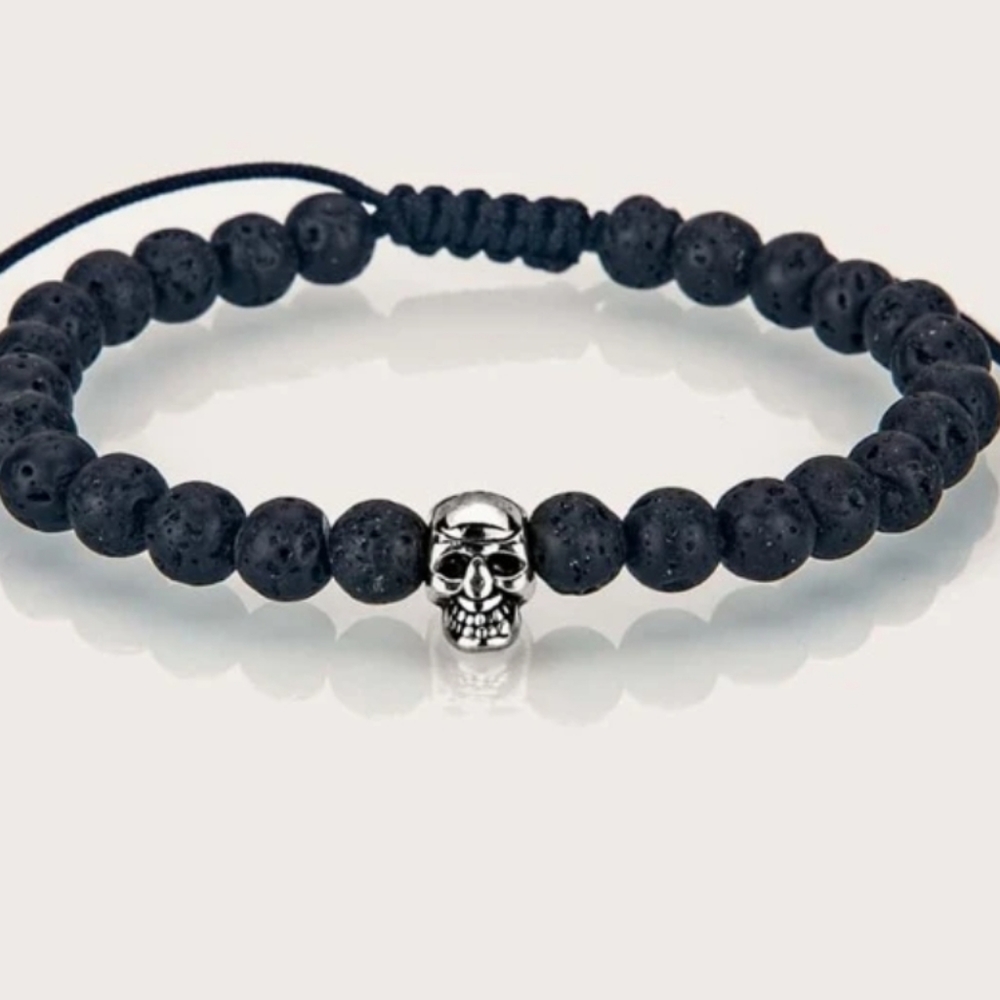 Black beaded skull adjustable bracelet NEW